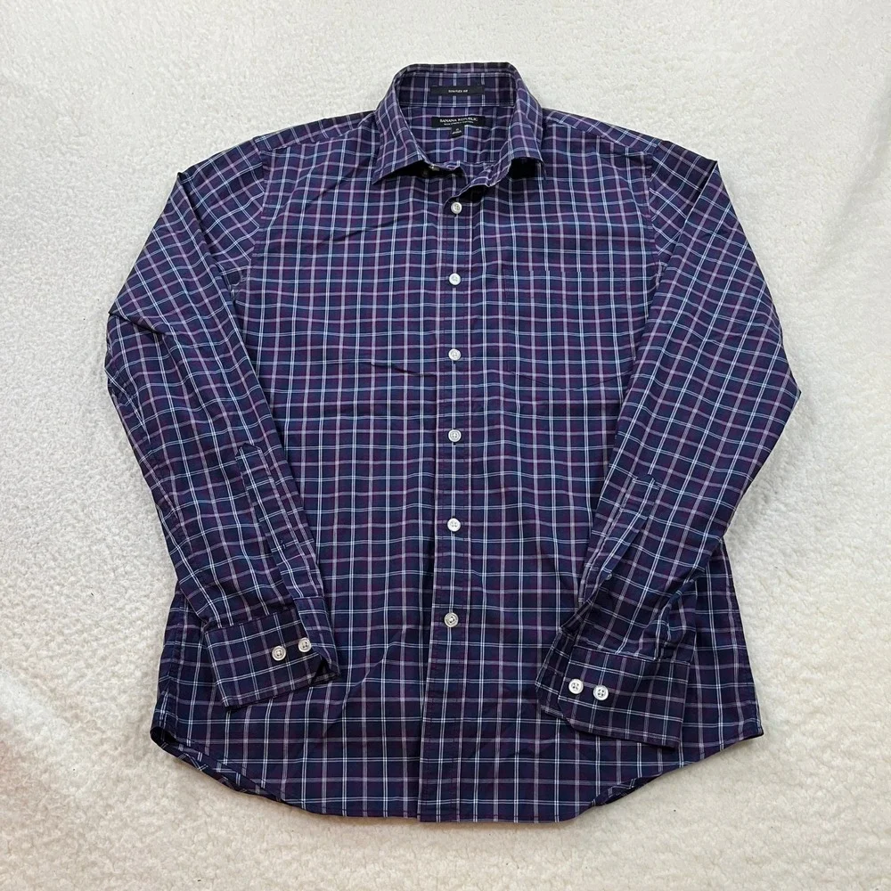 Banana Republic Button Up Mens S Purple Plaid Tech Stretch Cotton Slim Flex Fit